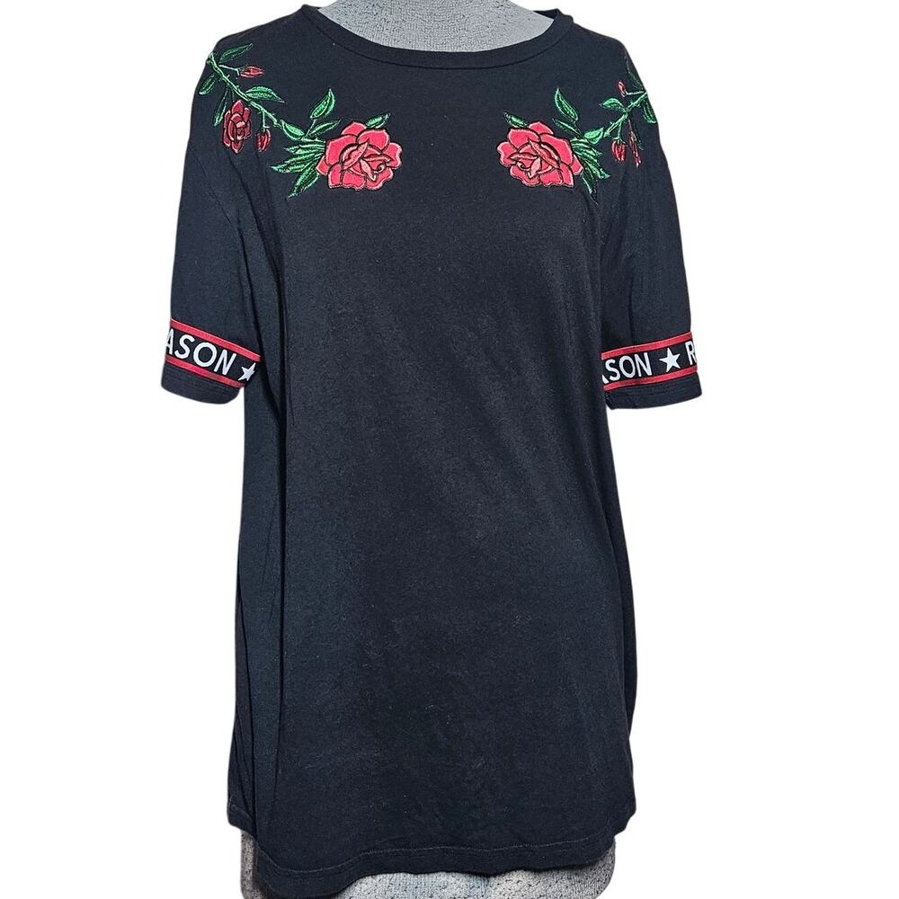 Reason Black Cotton Floral Patch Tee Shirt Size Medium